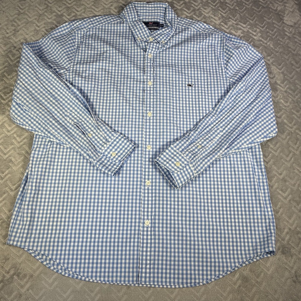 Vineyard Vines Men Shirt XXL Blue Gingham Plaid Whale Long Sleeve Button Down